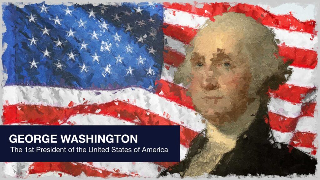 President George Washington in front of the stars and stripes.