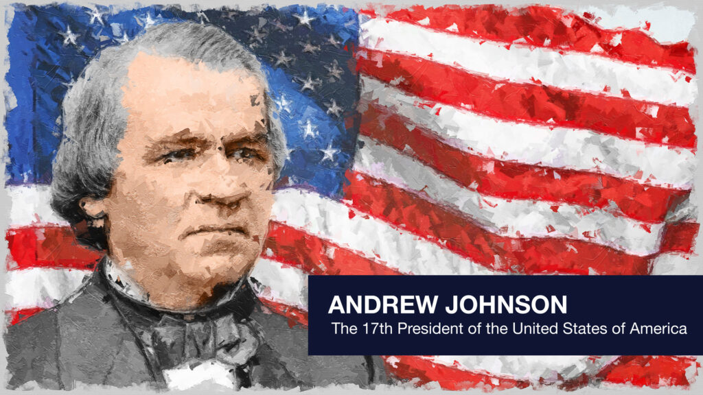 President Andrew Johnson in front of the stars and stripes.