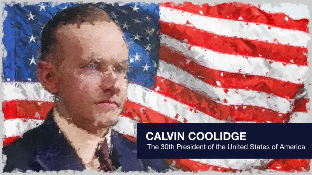 President Calvin Coolidge in front of the stars and stripes.