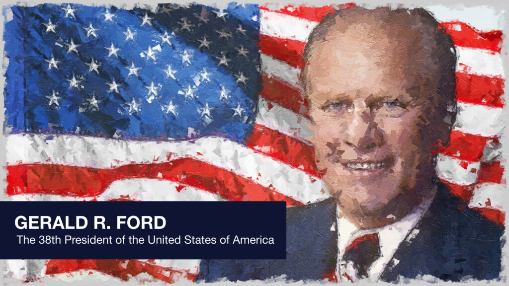President Gerald R. Ford in front of the stars and stripes.