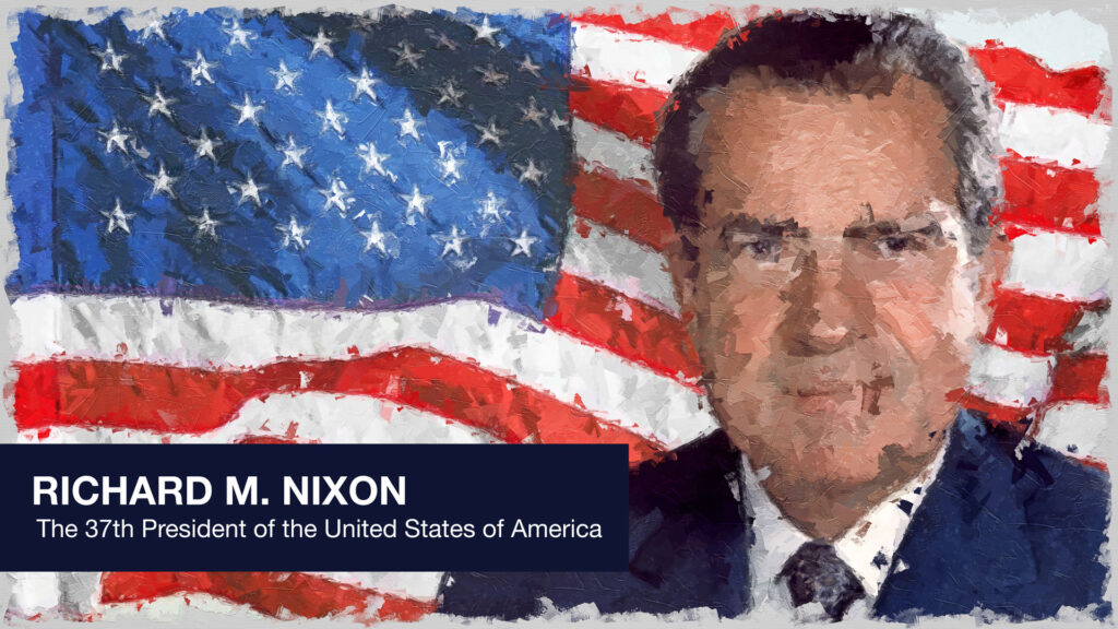 President Richard M. Nixon in front of the stars and stripes.
