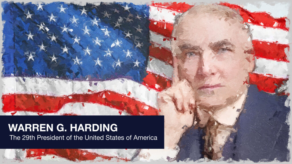 President Warren G. Harding in front of the stars and stripes.