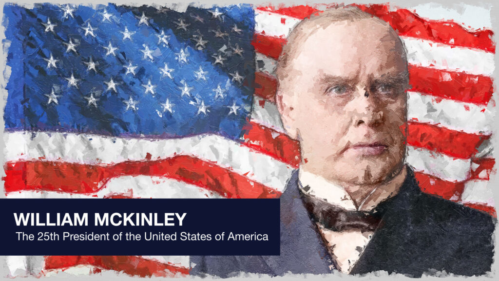 President William McKinley in front of the stars and stripes.