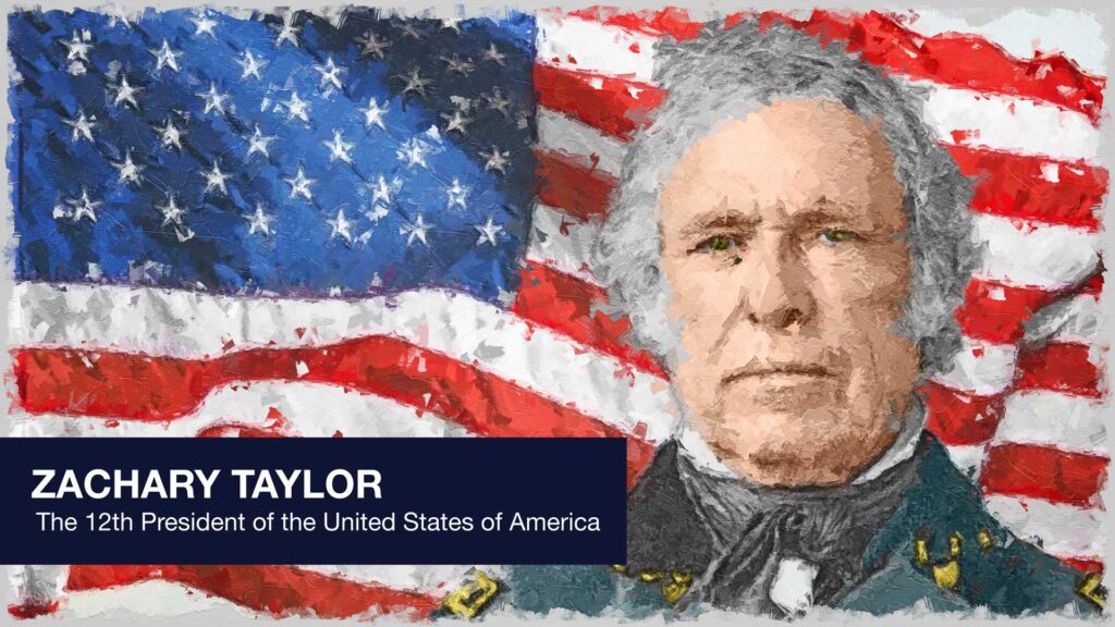 President Zachary Taylor in front of the stars and stripes.