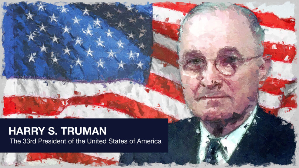 President Harry S. Truman in front of the stars and stripes.