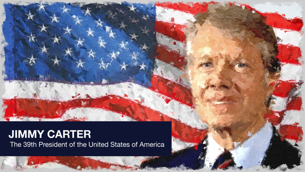 President Jimmy Carter in front of the stars and stripes.