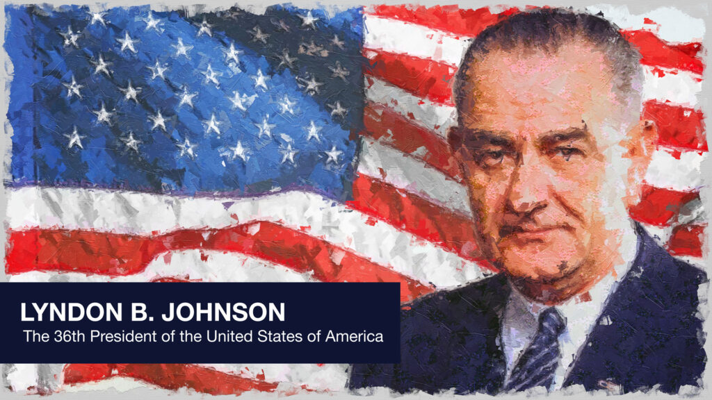 President Lyndon B. Johnson in front of the stars and stripes.