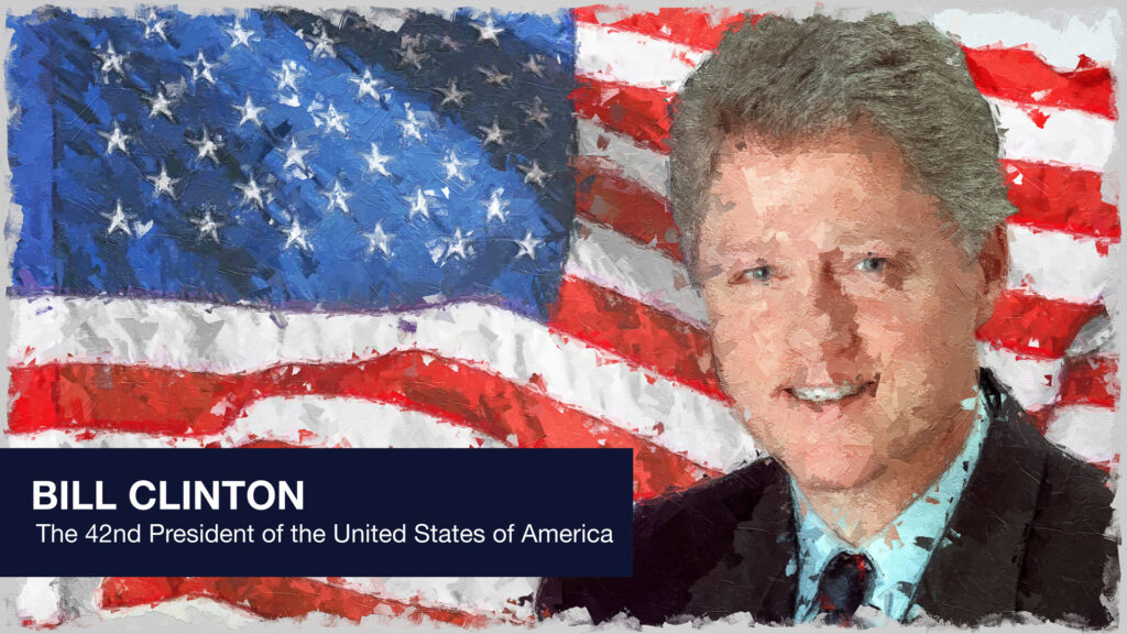 President Bill Clinton in front of the stars and stripes.